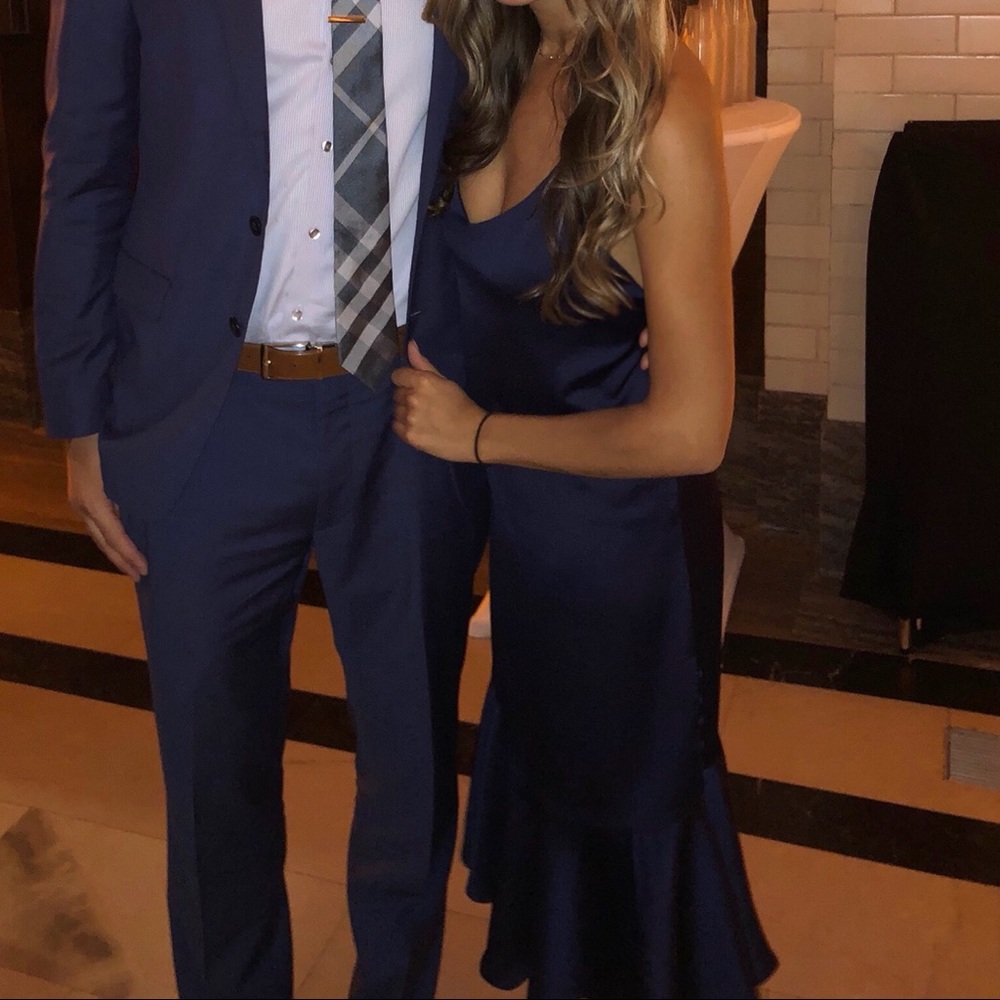 Navy satin midi dress